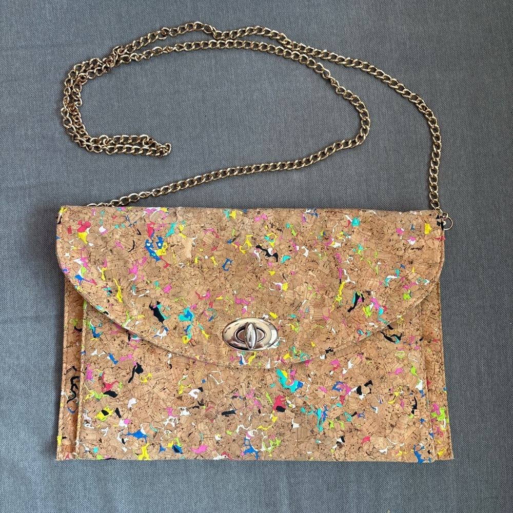 Street Level Multicolor Cork Clutch with Gold Chain